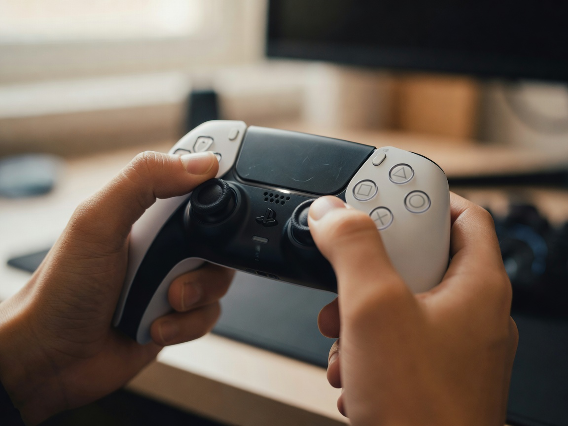Close up of a gamer holding a DualSense controller in natural light