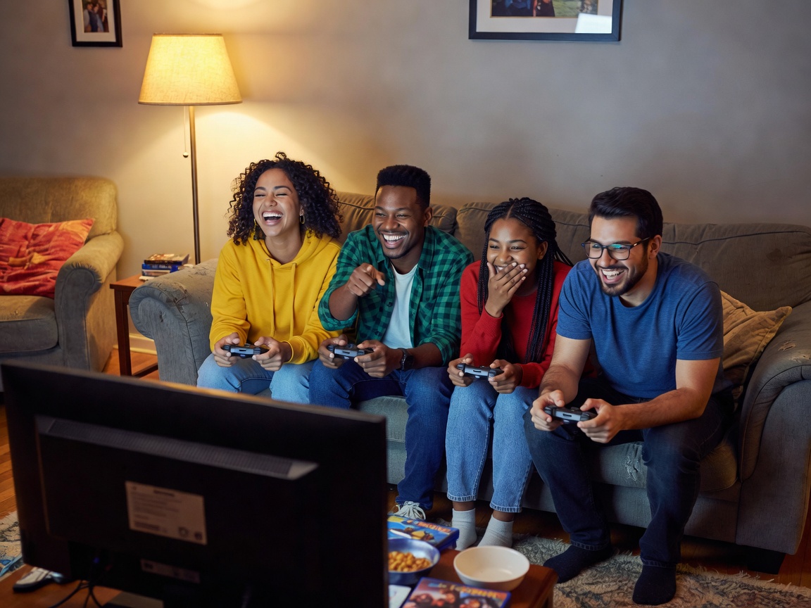 Friends laughing while playing a co-op game in a living room
