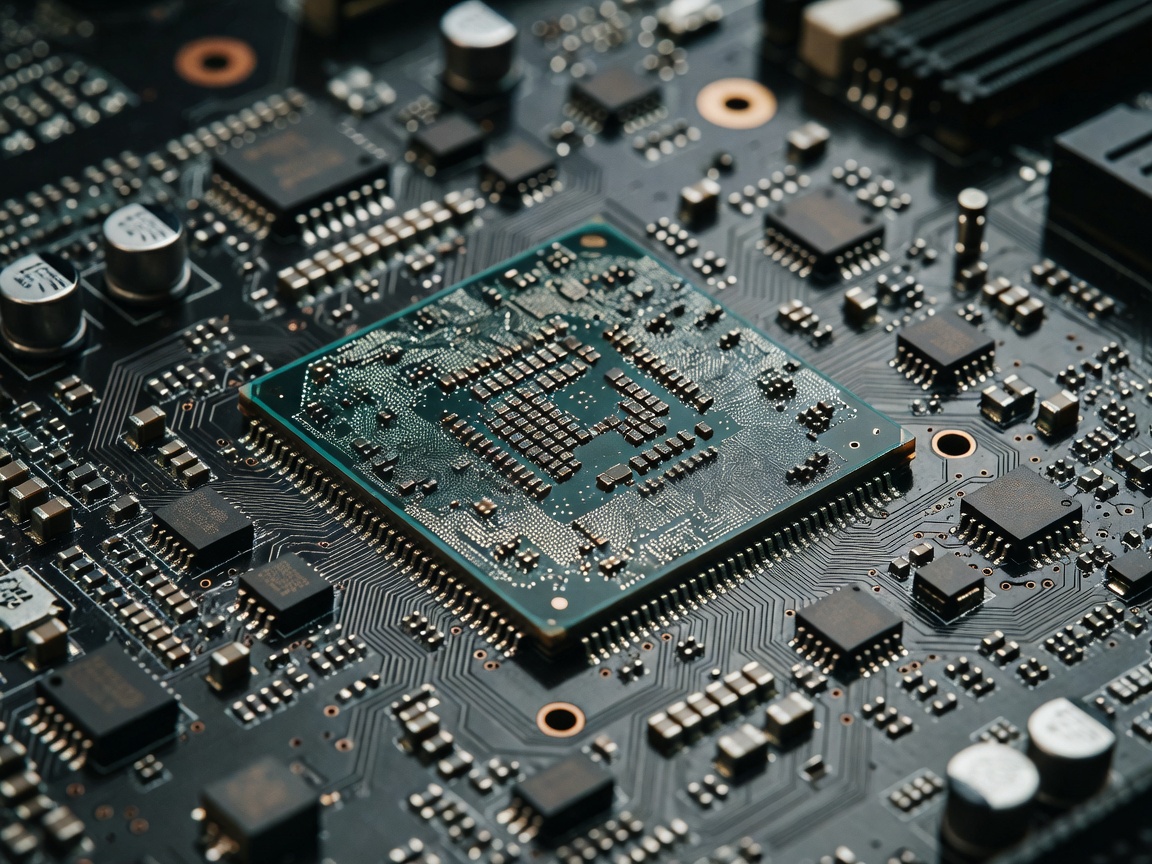 Macro shot of a console motherboard and APU chipset