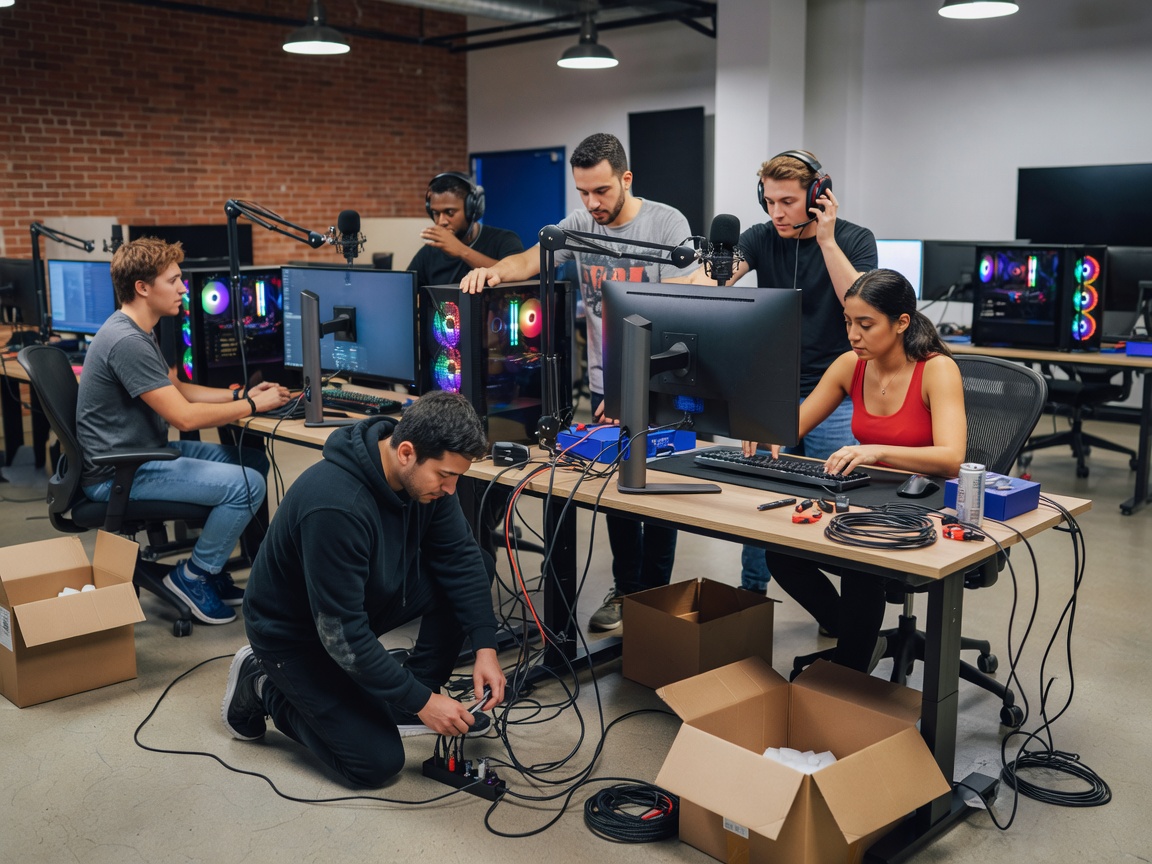 A group of gamers setting up equipment in a studio space