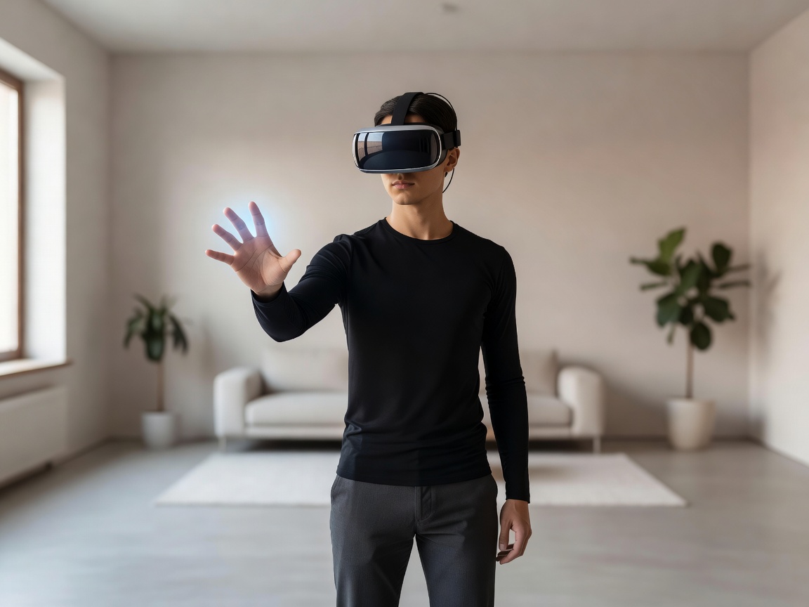 A person wearing a sleek VR headset reaching out to touch a virtual object in a well-lit room